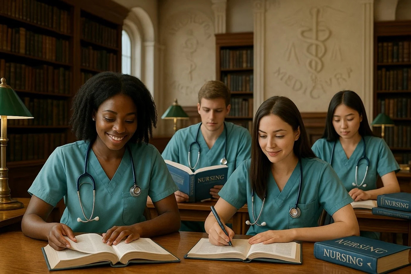 International nursing students studying together in a library as they prepare to study nursing abroad.
